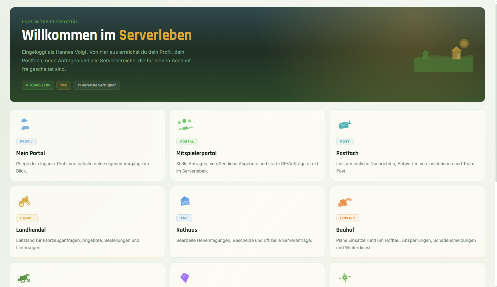 AgrarDesk Dashboard: Uebersicht eines LS25-Rollenspielservers mit Modulen, Antraegen und Postfach